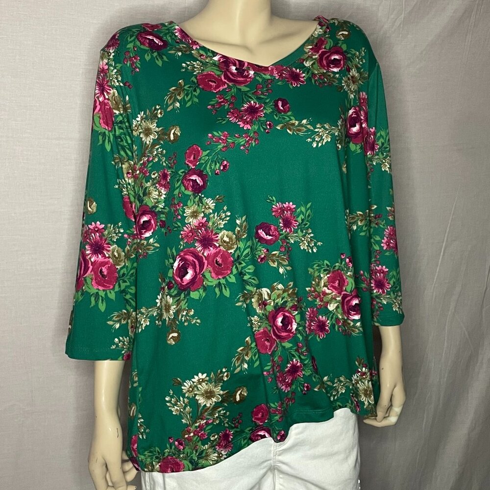 The Pioneer Women Green Floral Print Blouse 3/4 Length Sleeves Size 2XL